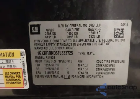 2015 GMC Acadia Slt-1 from USA, damaged, VIN 1GKKRRKD5FJ333725